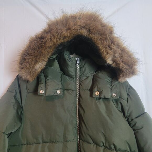 Old Navy Long Puffer Jacket Women's Size Large Green Faux Fur Trim Outdoor READ - Picture 4 of 13